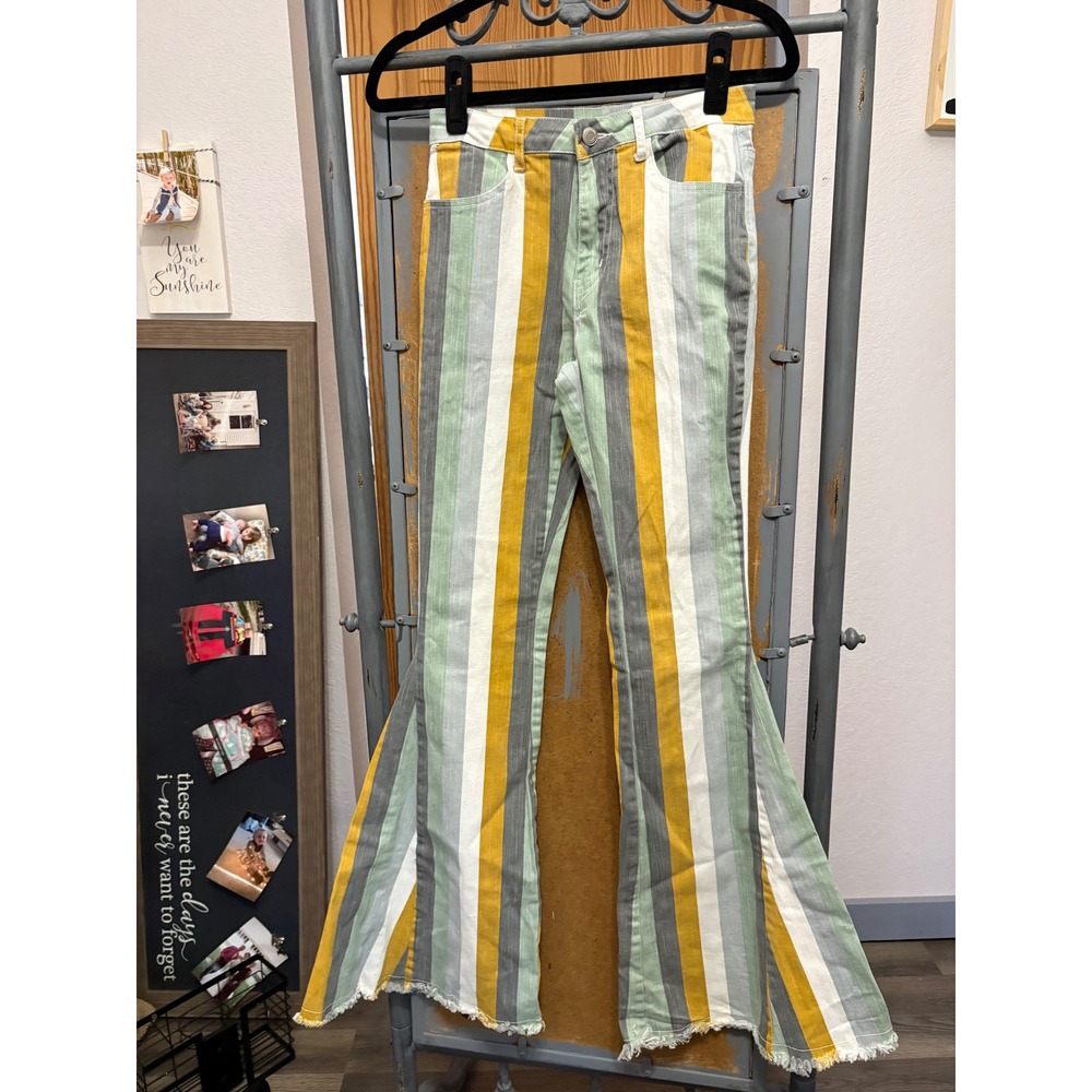 Altar'd State Striped Flare Jeans Yellow Green White High Rise Bell Bottom S